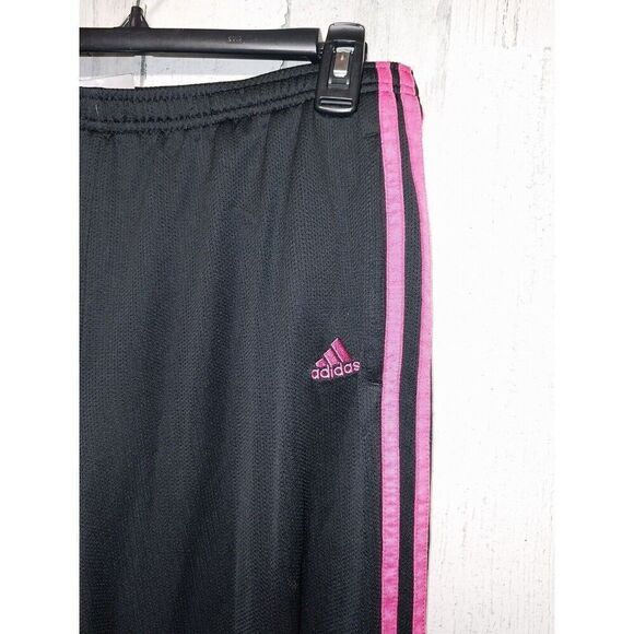 Women's Adidas 3 Stripe Black Pink Crop Pants Drawstring Pockets Large - Picture 4 of 8